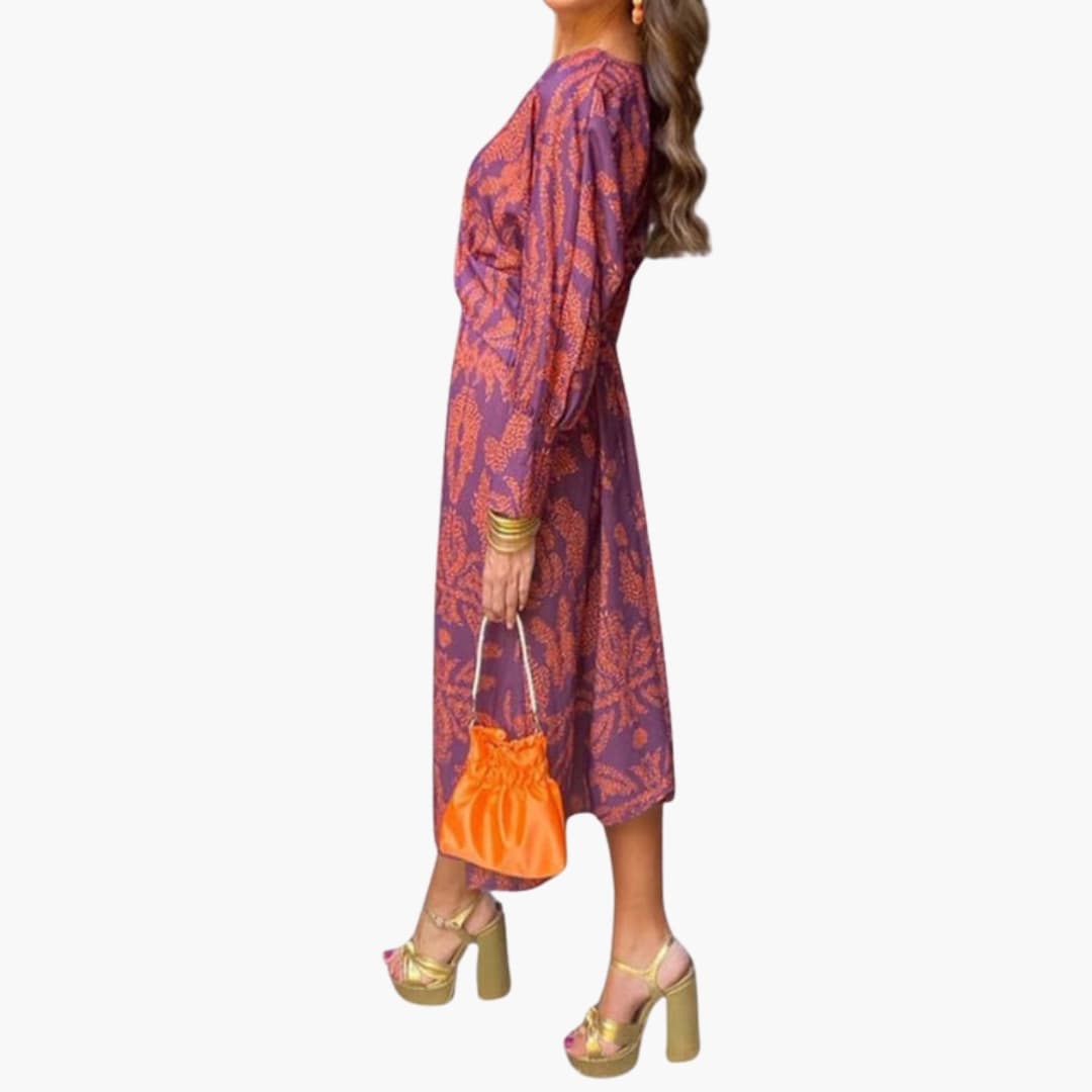 Women's Floral Long Sleeve Midi Dress – V-Neck Elegant Everyday Style