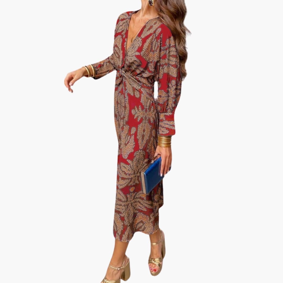 Women's Floral Long Sleeve Midi Dress – V-Neck Elegant Everyday Style