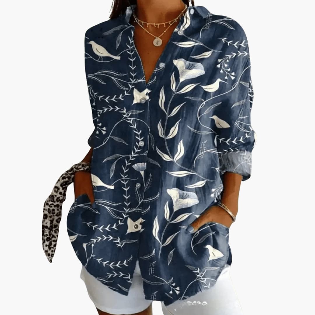 Women's Vintage-Inspired Crew Neck Blouse – Long Sleeve Woven Style