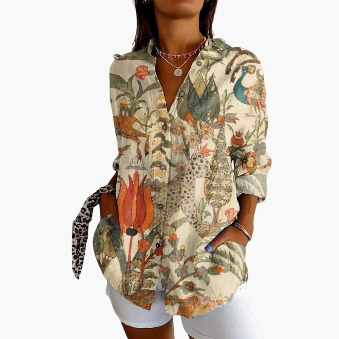 Women's Vintage-Inspired Crew Neck Blouse – Long Sleeve Woven Style