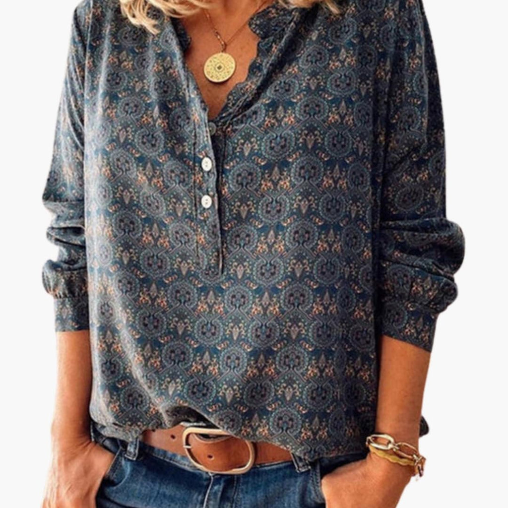 Women's Vintage Print Button-Down Blouse – Long Sleeve Collared Shirt