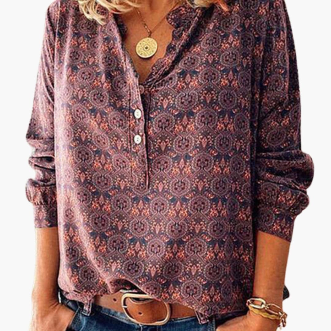 Women's Vintage Print Button-Down Blouse – Long Sleeve Collared Shirt