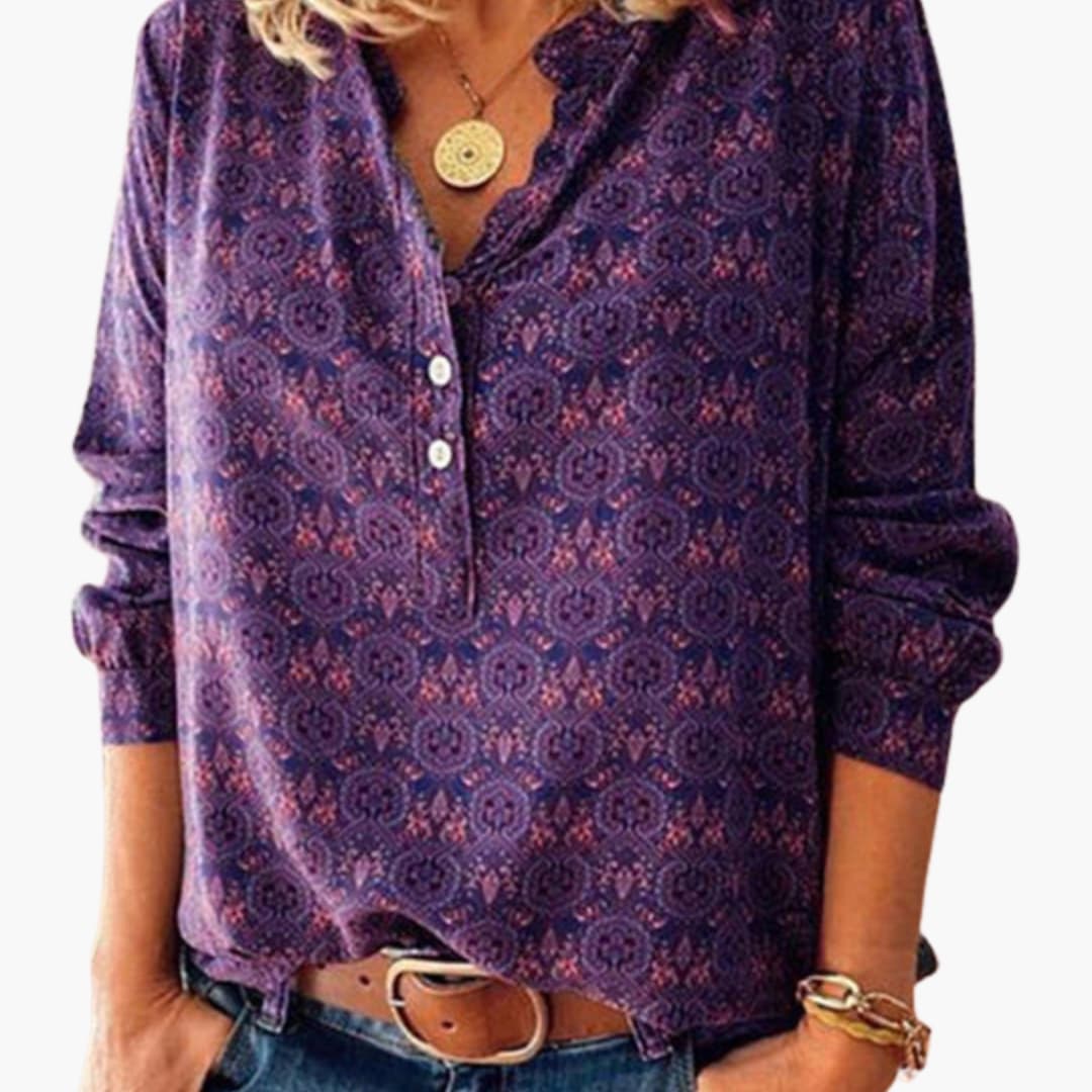 Women's Vintage Print Button-Down Blouse – Long Sleeve Collared Shirt