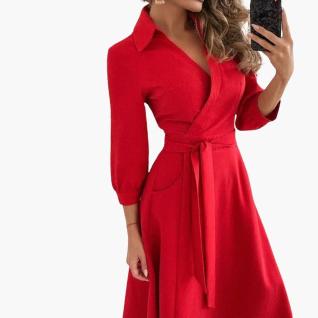 Women’s Wrap Dress with Belt-Long Sleeves-and Side Pockets