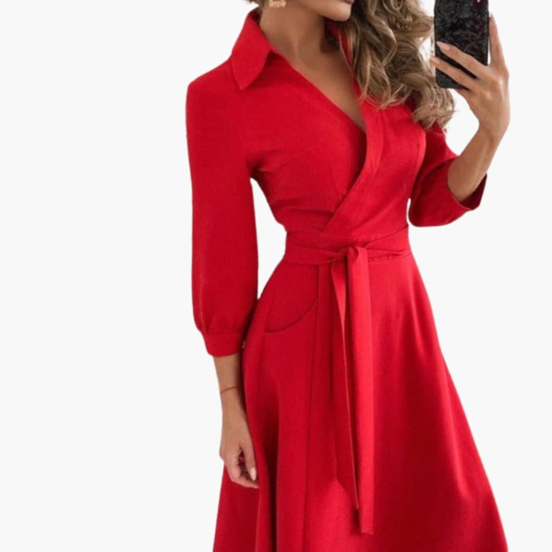 Women’s Wrap Dress with Belt-Long Sleeves-and Side Pockets