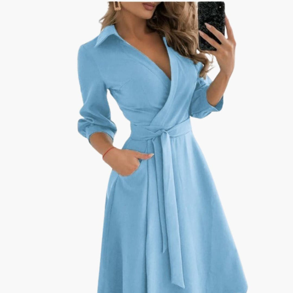 Women’s Wrap Dress with Belt-Long Sleeves-and Side Pockets