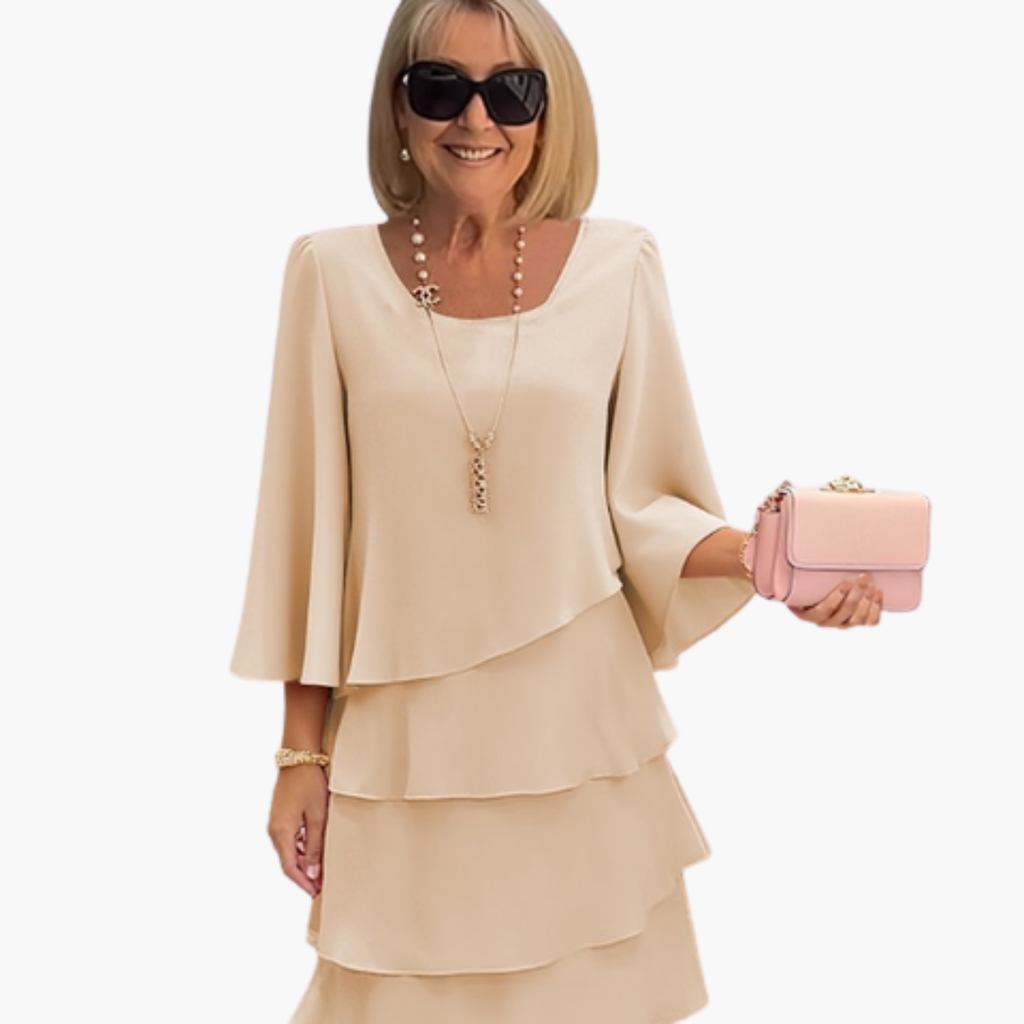 Women's Layered Long Sleeve Dress – Round Neck Elegant Flowing Style