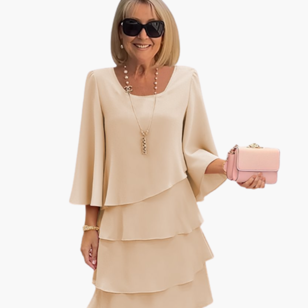 Women's Layered Long Sleeve Dress – Round Neck Elegant Flowing Style