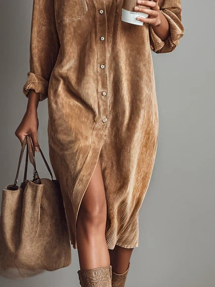 Women's Corduroy Midi Shirt Dress – Relaxed Fit Casual Comfortable