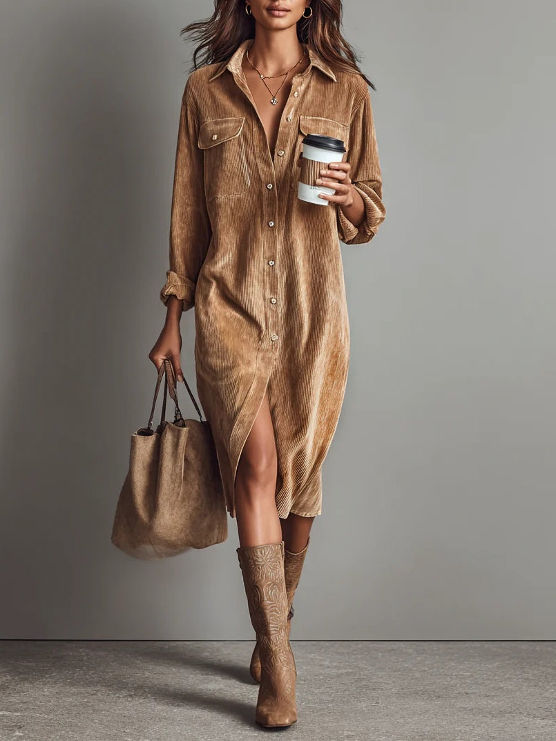 Women's Corduroy Midi Shirt Dress – Relaxed Fit Casual Comfortable