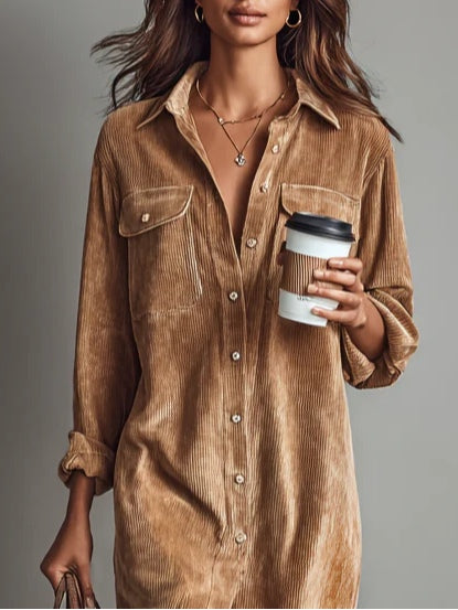 Women's Corduroy Midi Shirt Dress – Relaxed Fit Casual Comfortable