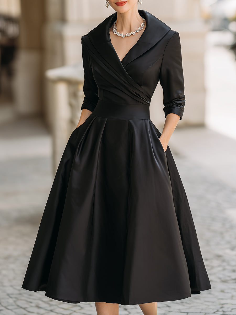Women's Pleated A-Line Midi Dress – Vintage Elegant Formal Style