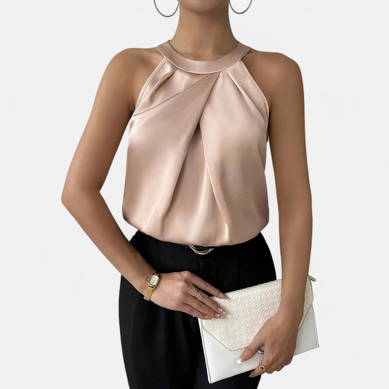 Women's Pleated Front Satin Tank – Elegant Draped Style