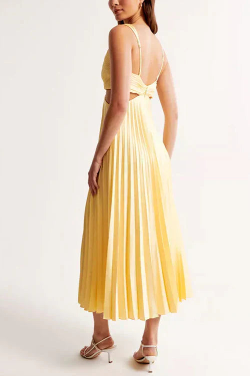Women's Satin Maxi Dress – Pleated V-Neck Structured Elegant Evening Gown