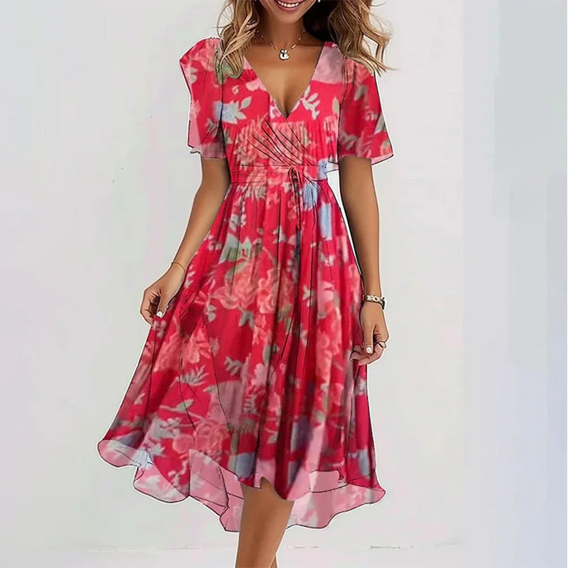 Women's Floral Wrap Midi Dress – A-Line Short Sleeve Summer