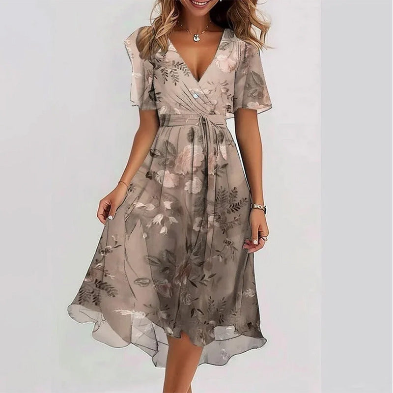 Women's Floral Wrap Midi Dress – A-Line Short Sleeve Summer