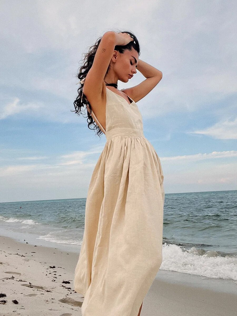 Women's Linen Maxi Dress – Sleeveless Open Back Flared Summer