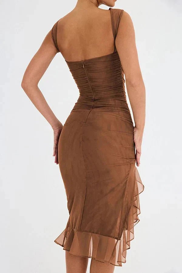 Women's Ruched Sleeveless Midi Dress – Wedding Guest Elegant Style