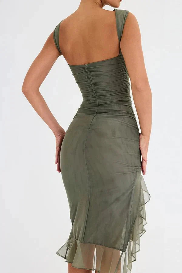 Women's Ruched Sleeveless Midi Dress – Wedding Guest Elegant Style
