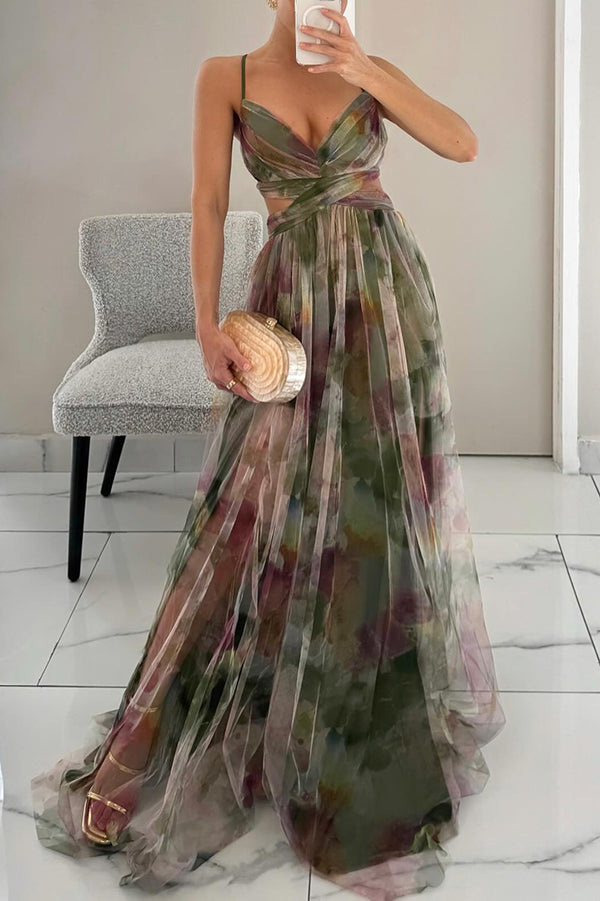 Women's Printed Maxi Dress – Elegant Lace-Up Detail Chic Long Style