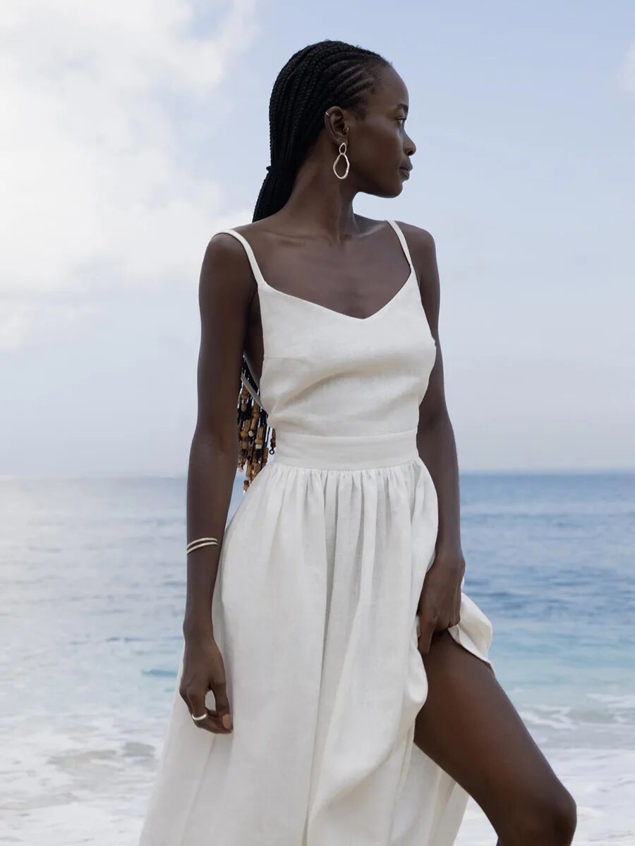 Women's Linen Maxi Dress – Sleeveless Open Back Flared Summer