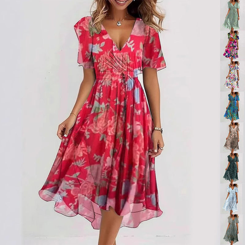 Women's Floral Wrap Midi Dress – A-Line Short Sleeve Summer
