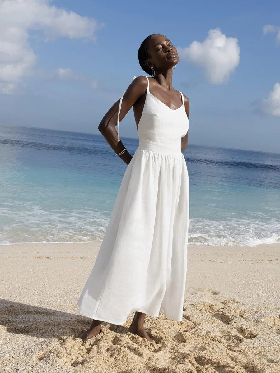 Women's Linen Maxi Dress – Sleeveless Open Back Flared Summer