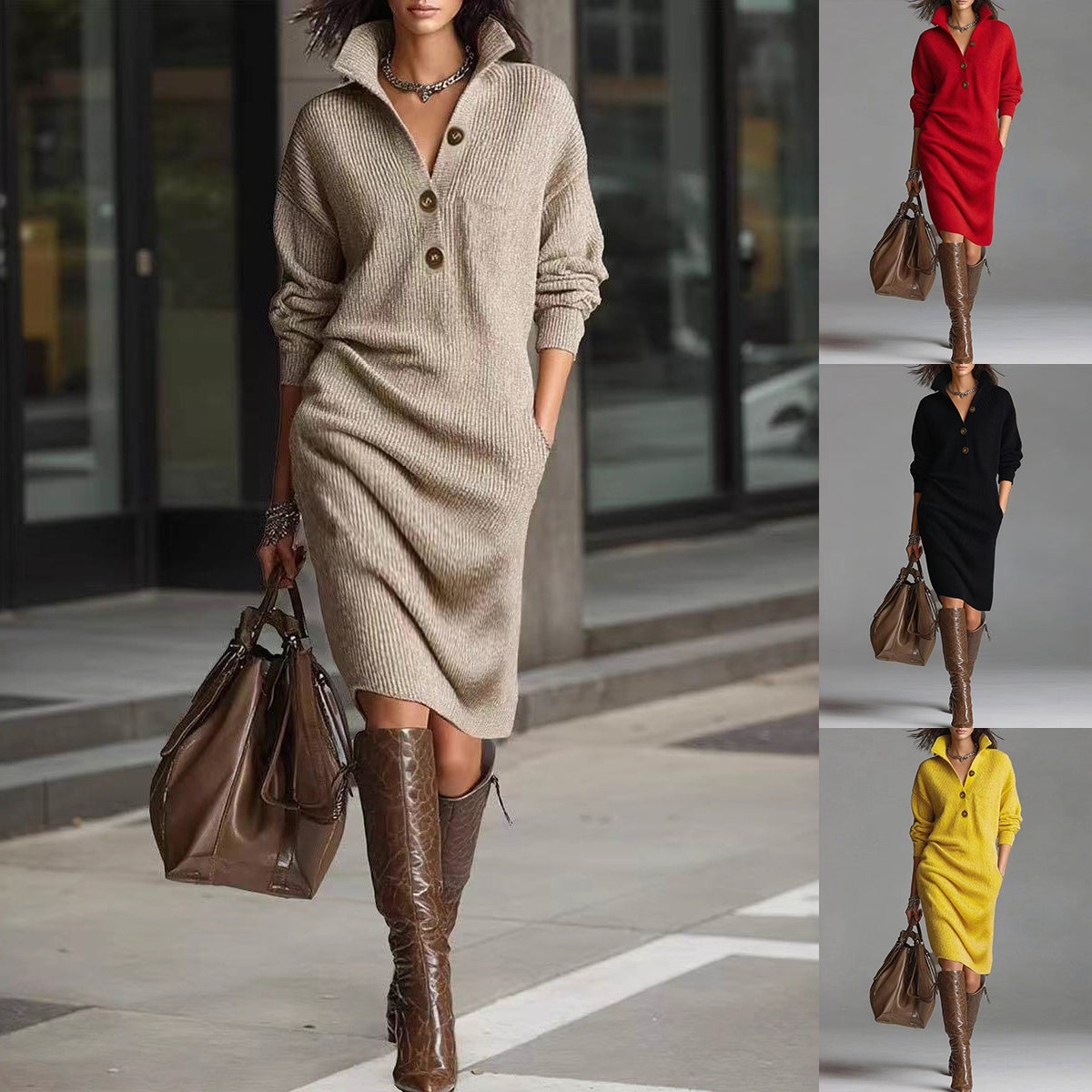 Women's Turtleneck Sweater Dress – Long Sleeve Ribbed Hem Cozy Knit