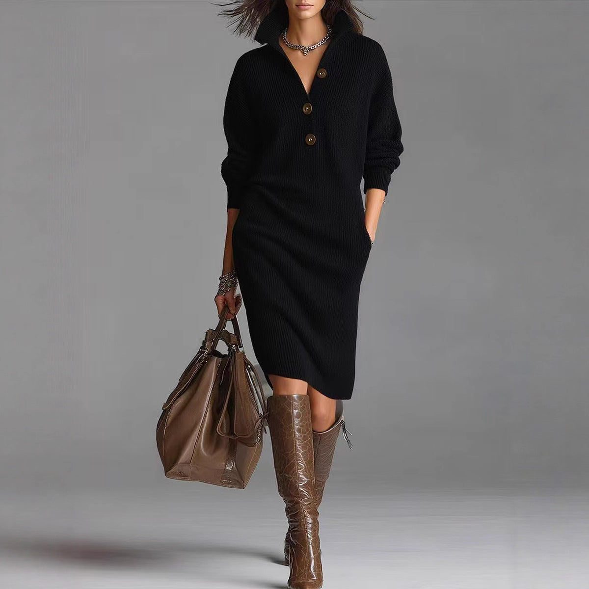 Women's Turtleneck Sweater Dress – Long Sleeve Ribbed Hem Cozy Knit