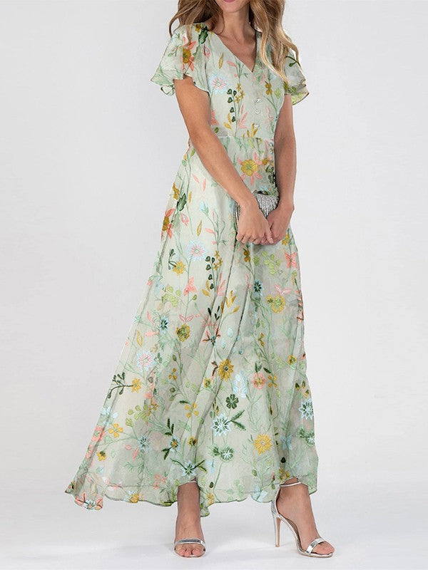 Women's Floral V-Neck Maxi Dress – Chic Flowy Elegant Style