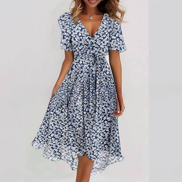 Women's Floral Wrap Midi Dress – A-Line Short Sleeve Summer