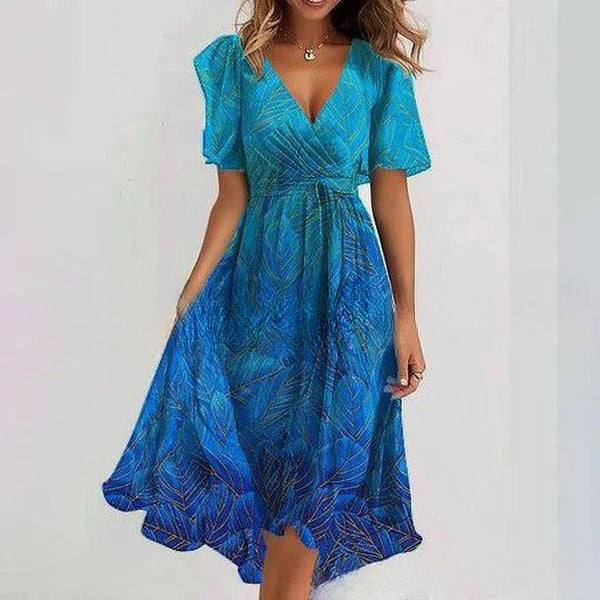 Women's Floral Wrap Midi Dress – A-Line Short Sleeve Summer