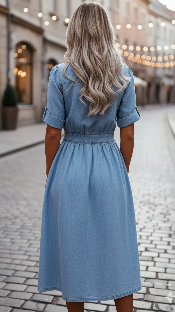 Women's Blue Denim Midi Shirt Dress – Belted Casual Elegant