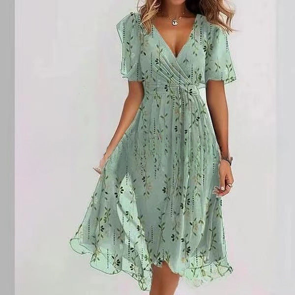 Women's Floral Wrap Midi Dress – A-Line Short Sleeve Summer
