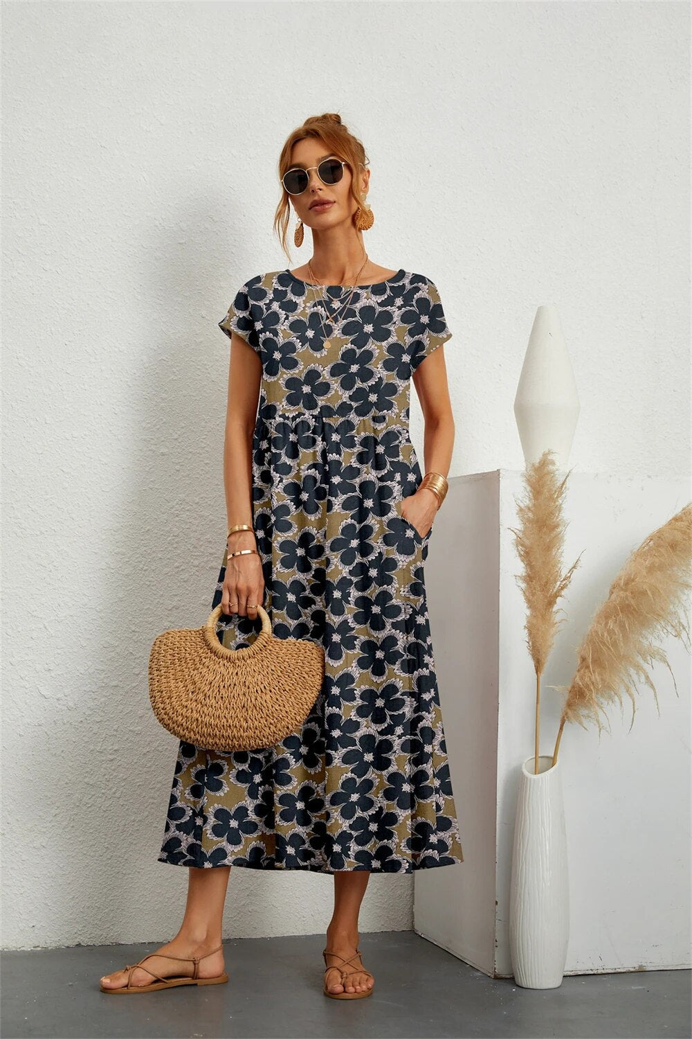 Women's Cotton Linen Floral Midi Dress – Short Sleeve Casual Summer Comfort