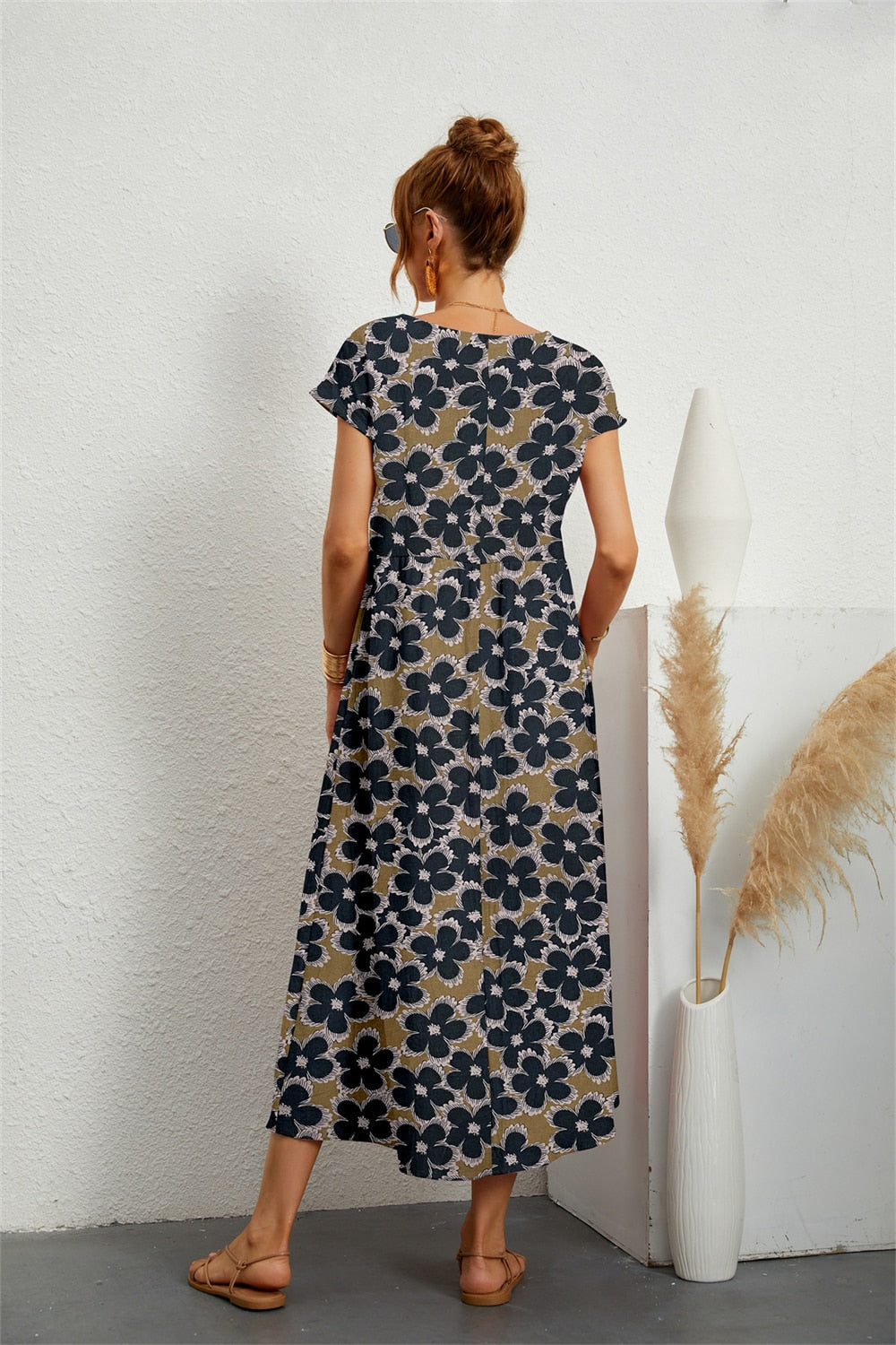 Women's Cotton Linen Floral Midi Dress – Short Sleeve Casual Summer Comfort