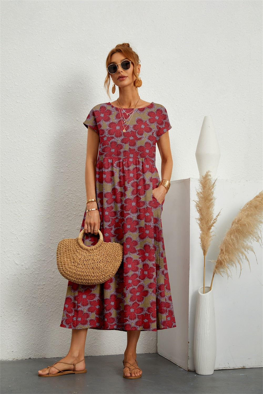 Women's Cotton Linen Floral Midi Dress – Short Sleeve Casual Summer Comfort