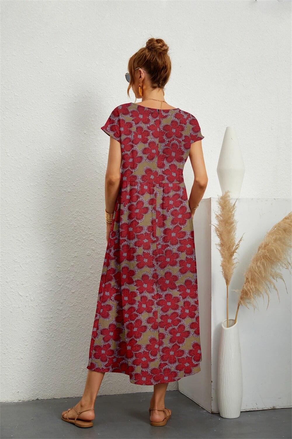 Women's Cotton Linen Floral Midi Dress – Short Sleeve Casual Summer Comfort