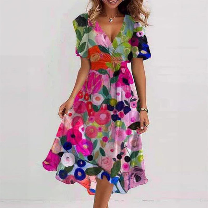Women's Floral Wrap Midi Dress – A-Line Short Sleeve Summer