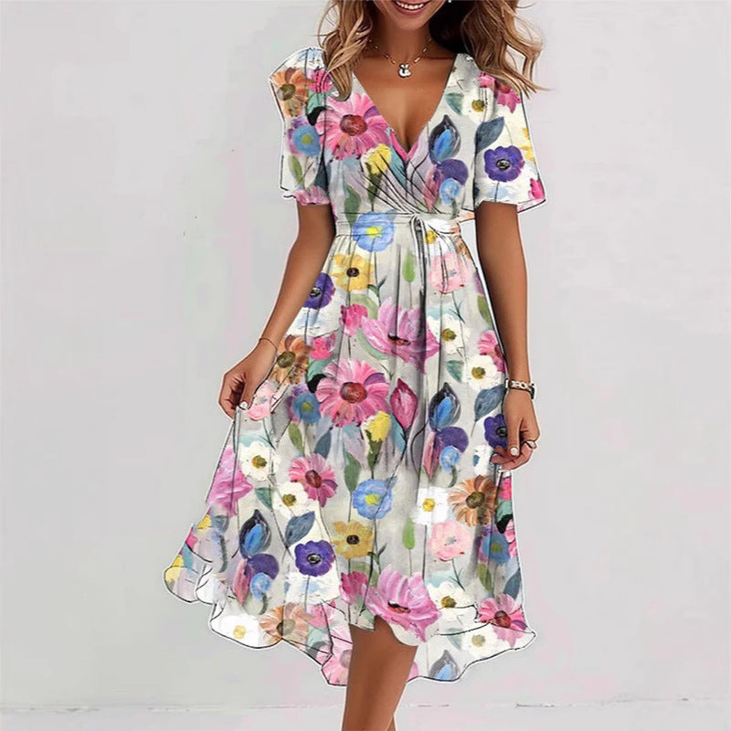 Women's Floral Wrap Midi Dress – A-Line Short Sleeve Summer