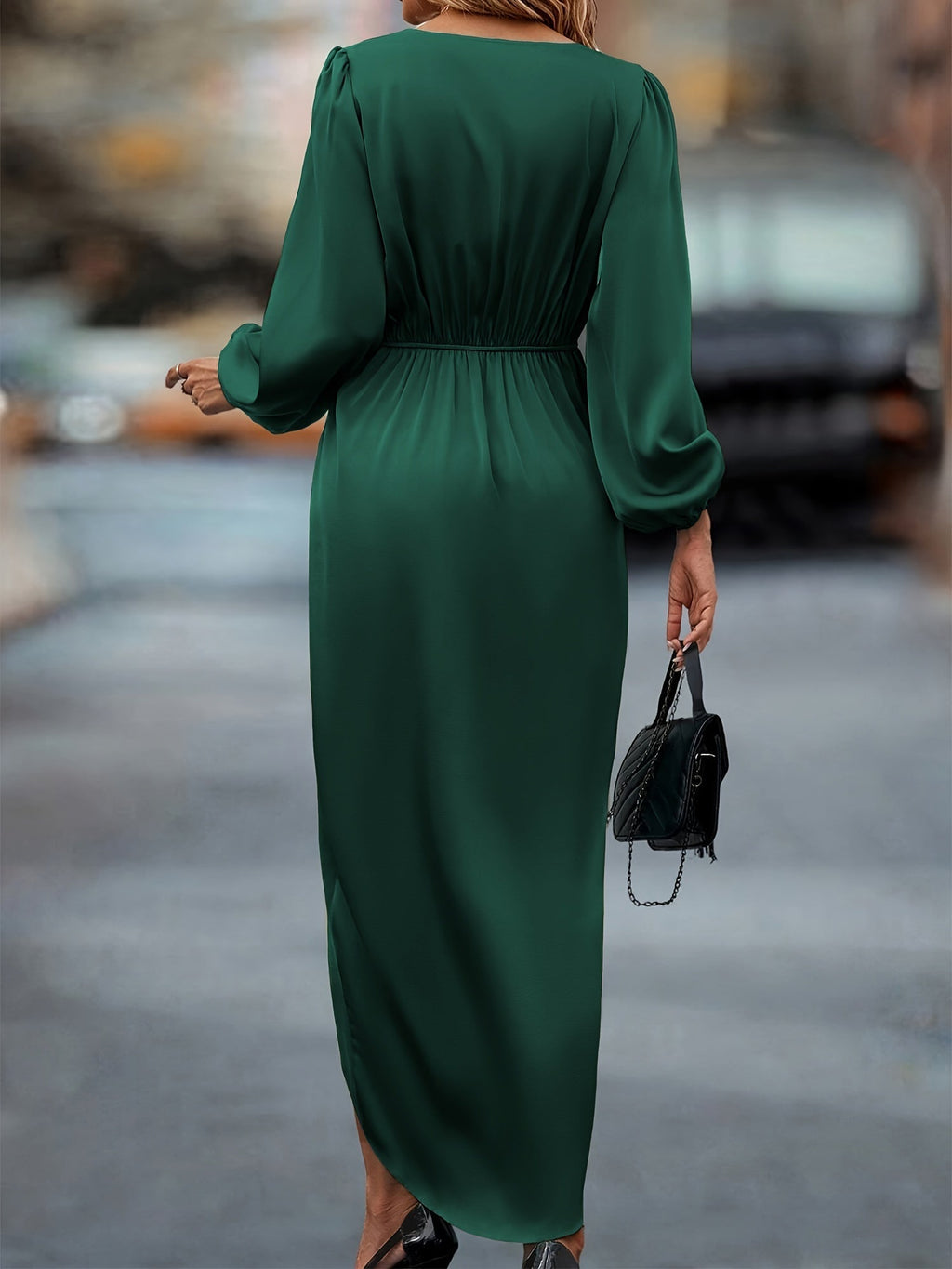 Women's Satin Balloon Sleeve Midi Dress – Asymmetric Hem Elegant Evening Gown