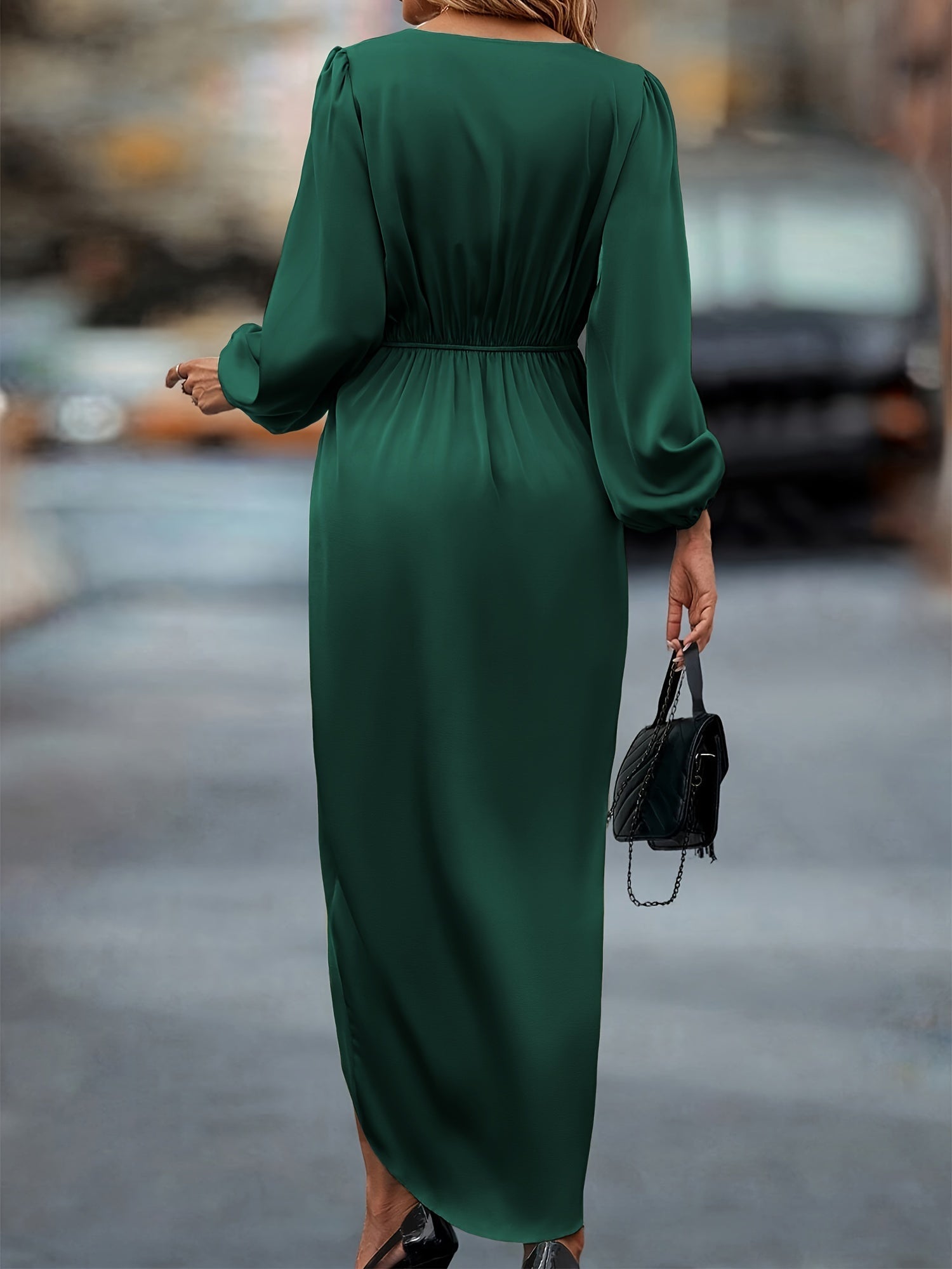 Women's Satin Balloon Sleeve Midi Dress – Asymmetric Hem Elegant Evening Gown