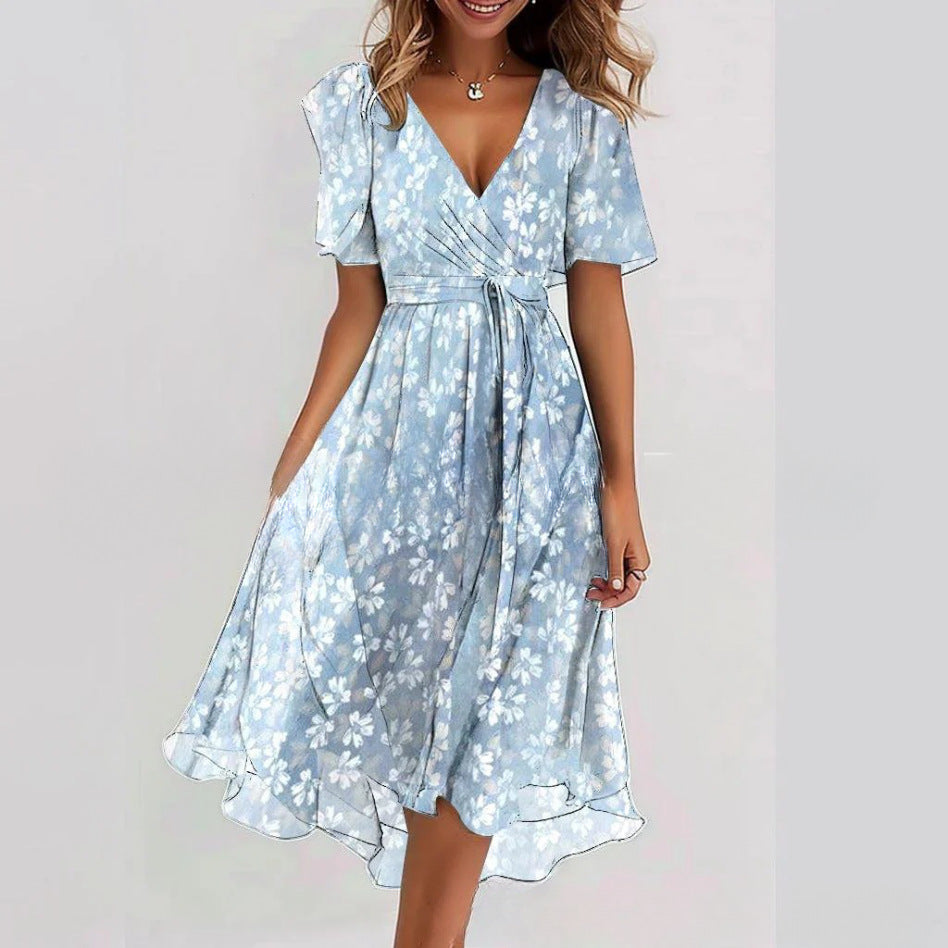 Women's Floral Wrap Midi Dress – A-Line Short Sleeve Summer