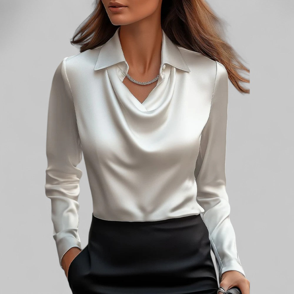 Women's Draped Neck Satin Blouse – Elegant Long Sleeve Style