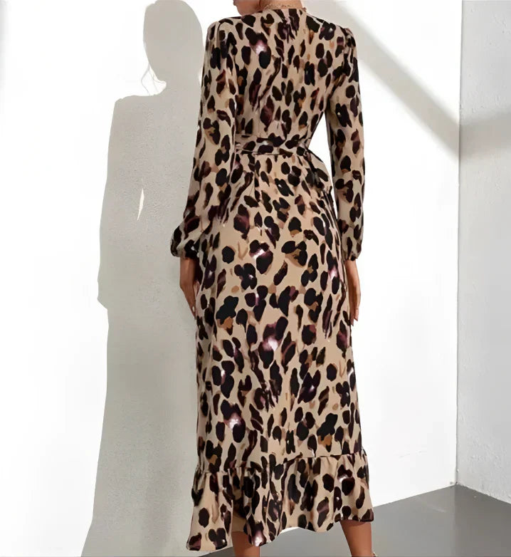 Women's Leopard Print Wrap Midi Dress – V-Neck Bold Statement