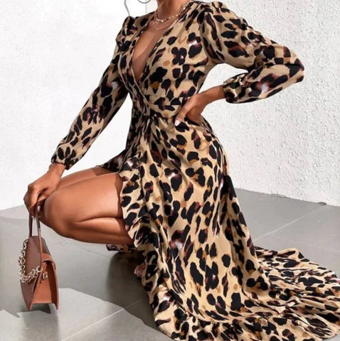 Women's Leopard Print Wrap Midi Dress – V-Neck Bold Statement
