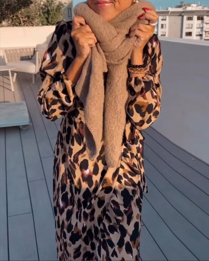 Women's Leopard Print Wrap Midi Dress – V-Neck Bold Statement