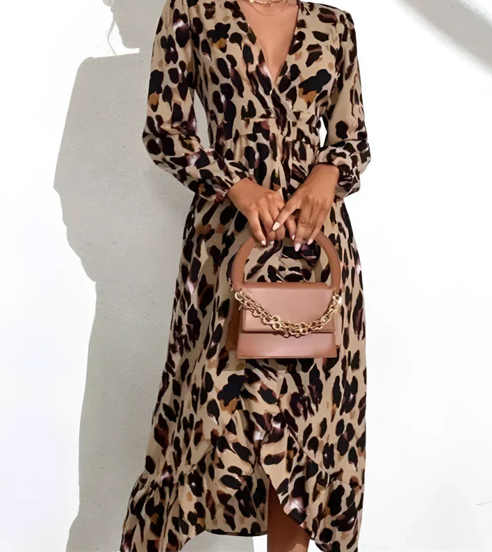 Women's Leopard Print Wrap Midi Dress – V-Neck Bold Statement