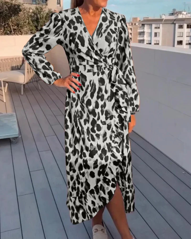 Women's Leopard Print Wrap Midi Dress – V-Neck Bold Statement