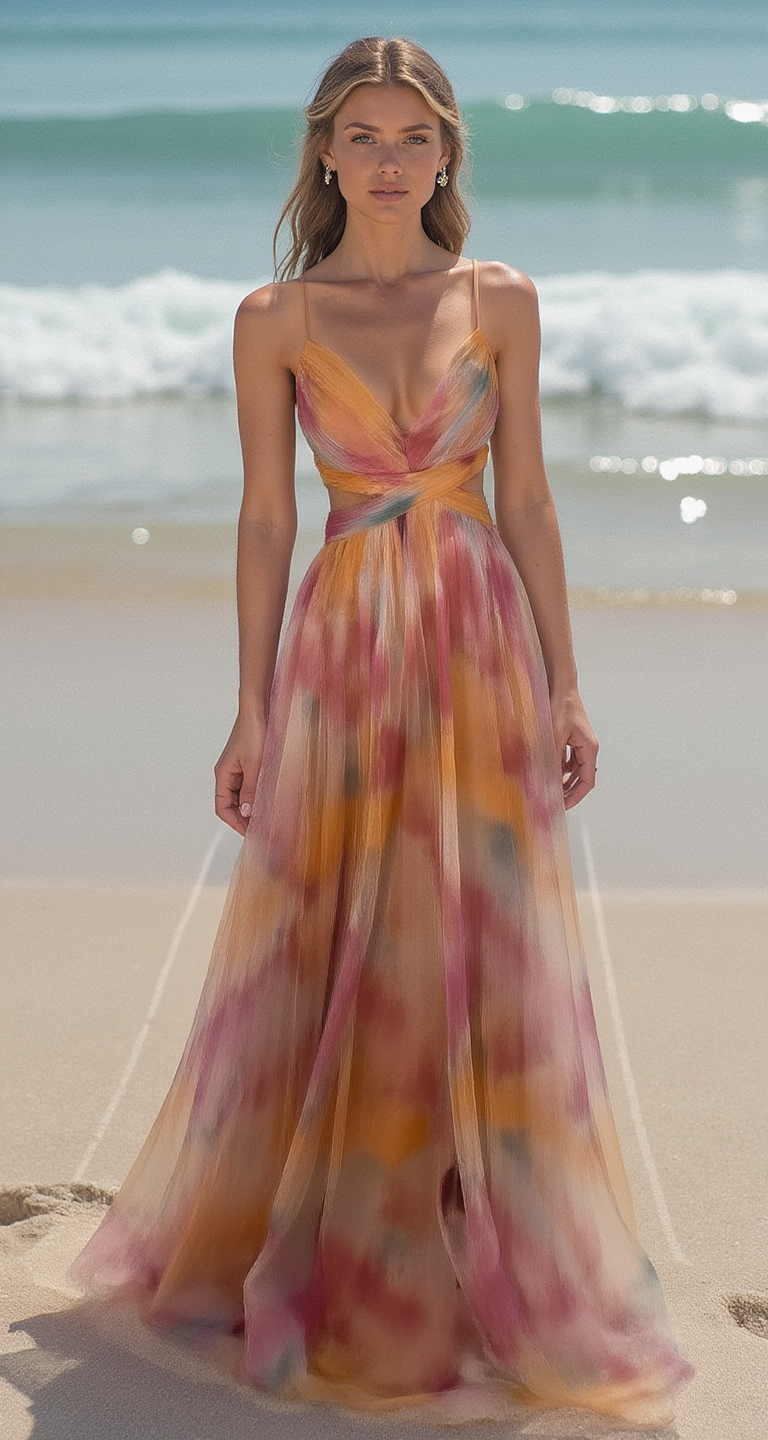 Women's Printed Maxi Dress – Elegant Lace-Up Detail Chic Long Style